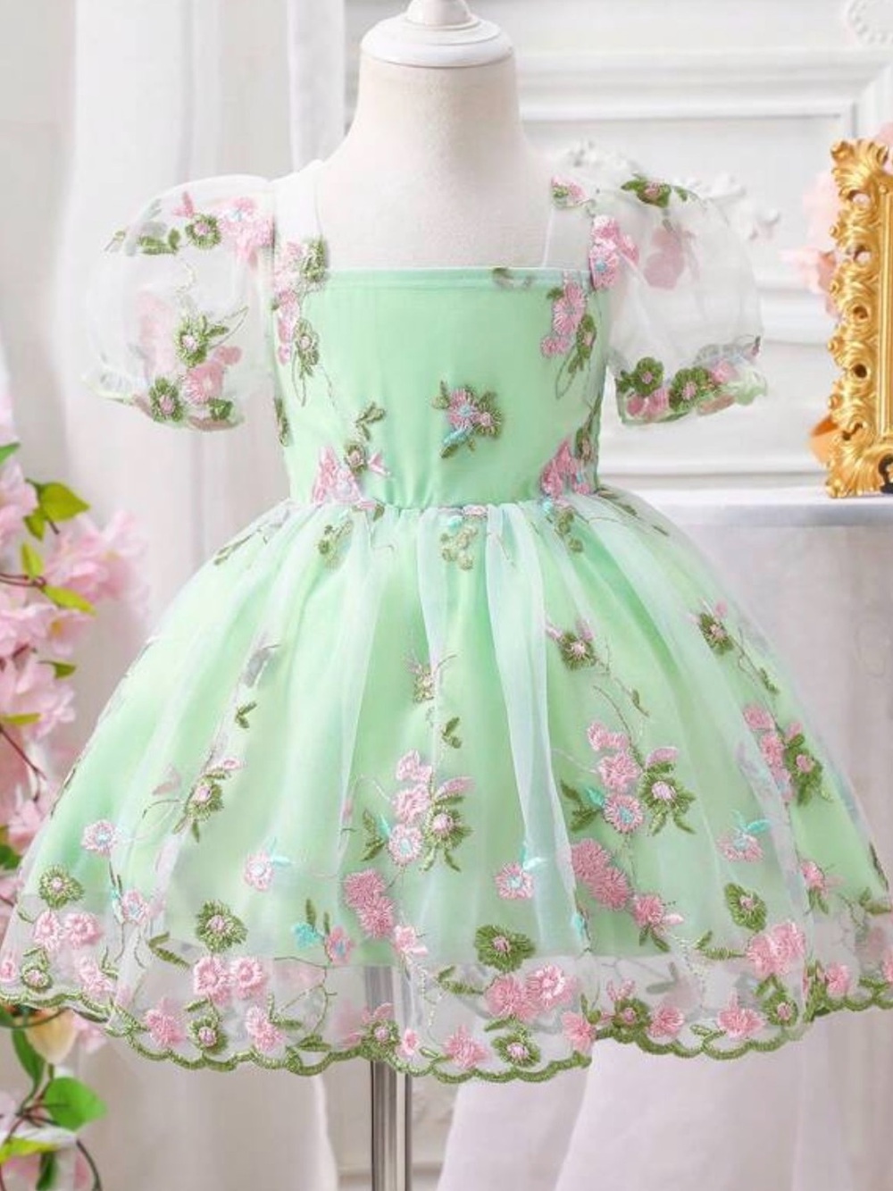 Elegant Mint Green Floral Embroidered Kids Formal Dress - Tinker Bell